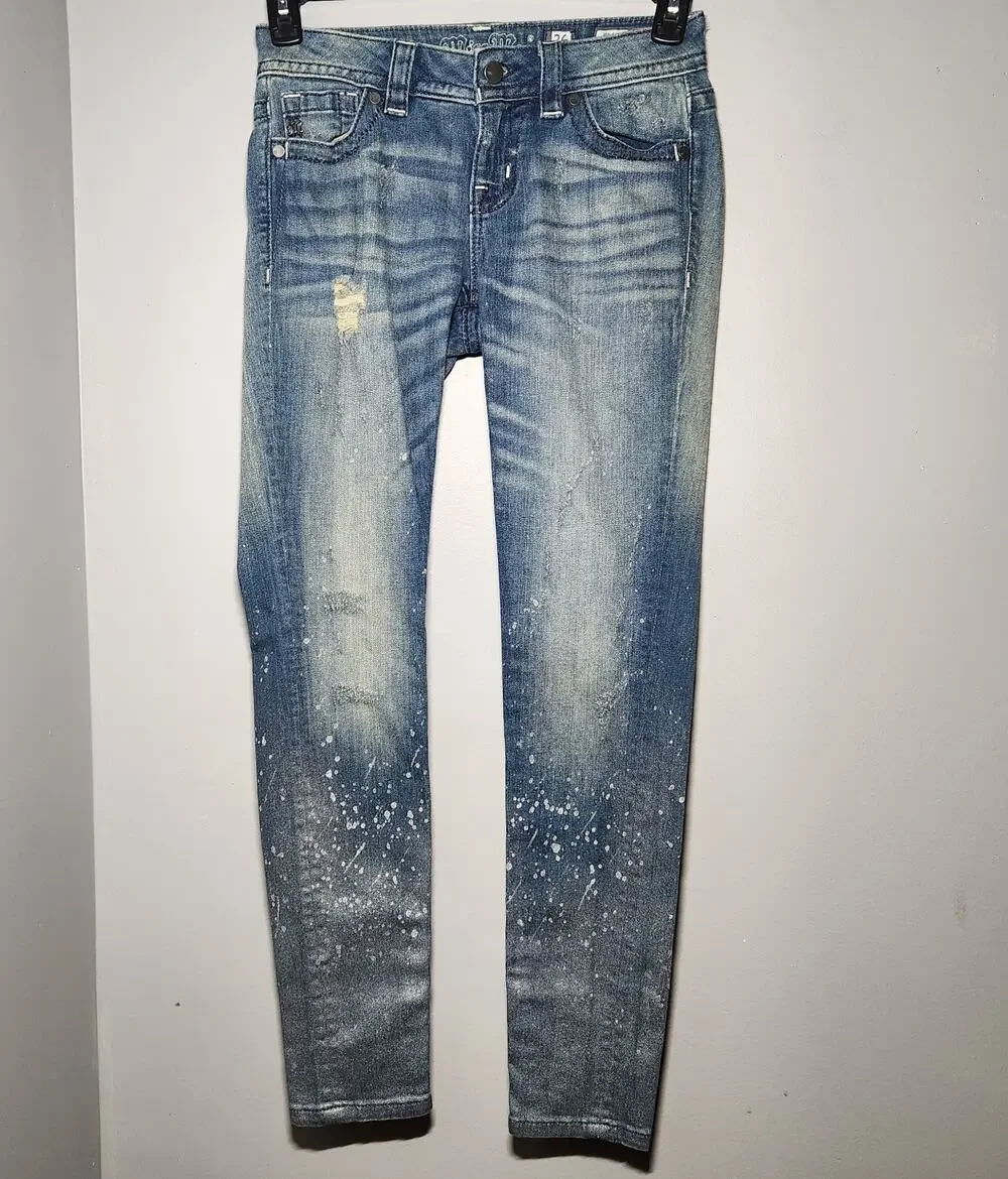 Miss Me Mid Rise Skinny Jeans Women's 26 Blue Denim Paint Splatter Distressed